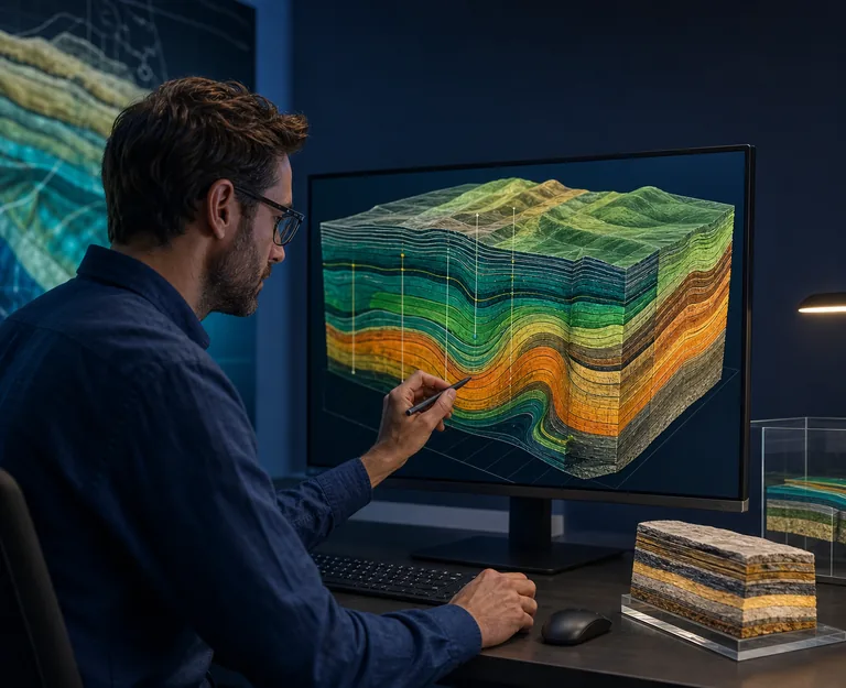 Geoscientist reviewing a 3D subsurface model